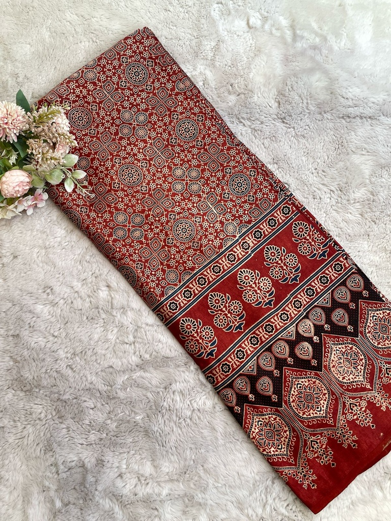 Ajrakh Handblock Printed Mashru Silk Fabric 4215