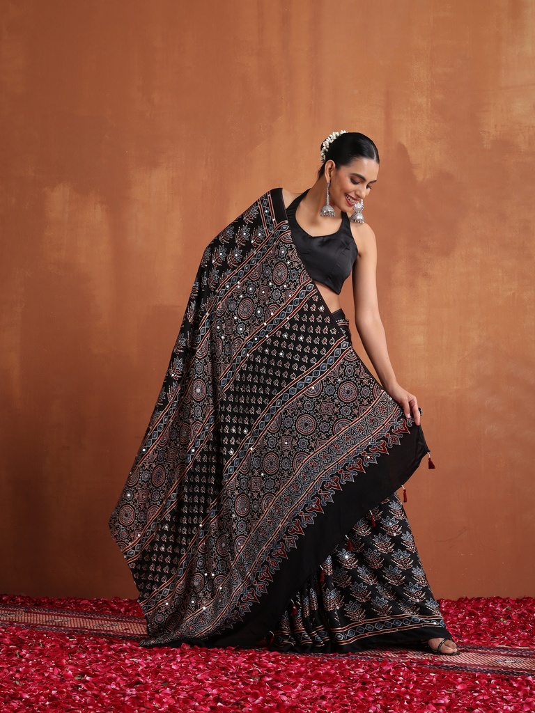 Ajrakh Modal Silk Mirror Saree 5036