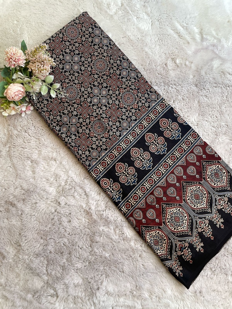 Ajrakh Handblock Printed Mashru Silk Fabric 4215