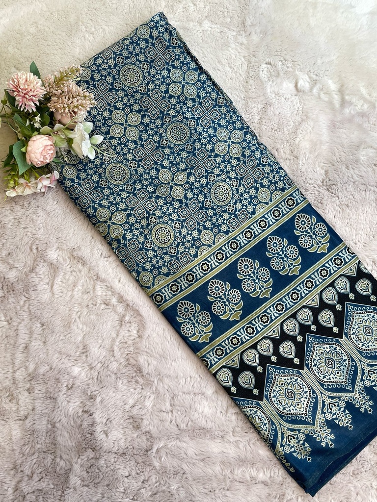 Ajrakh Handblock Printed Mashru Silk Fabric 4215