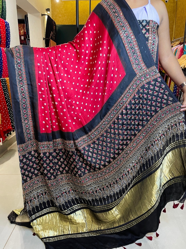 Ajrakh Bandhani Silk Top and Dupatta Set 5012