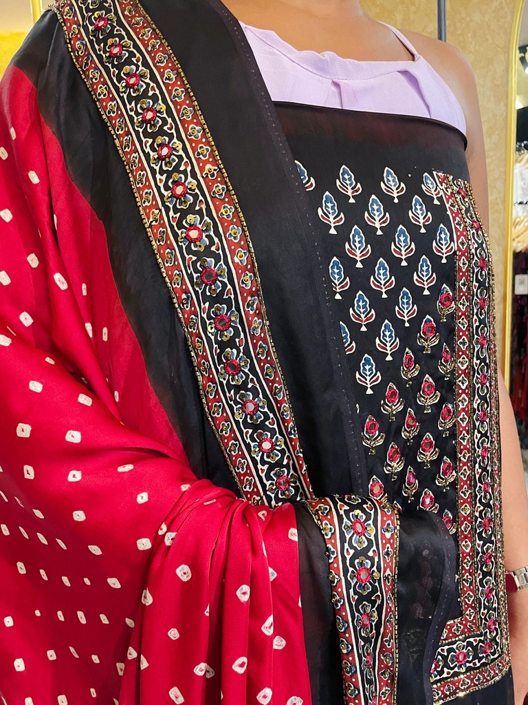 Ajrakh Bandhani Silk Top and Dupatta Set 5012
