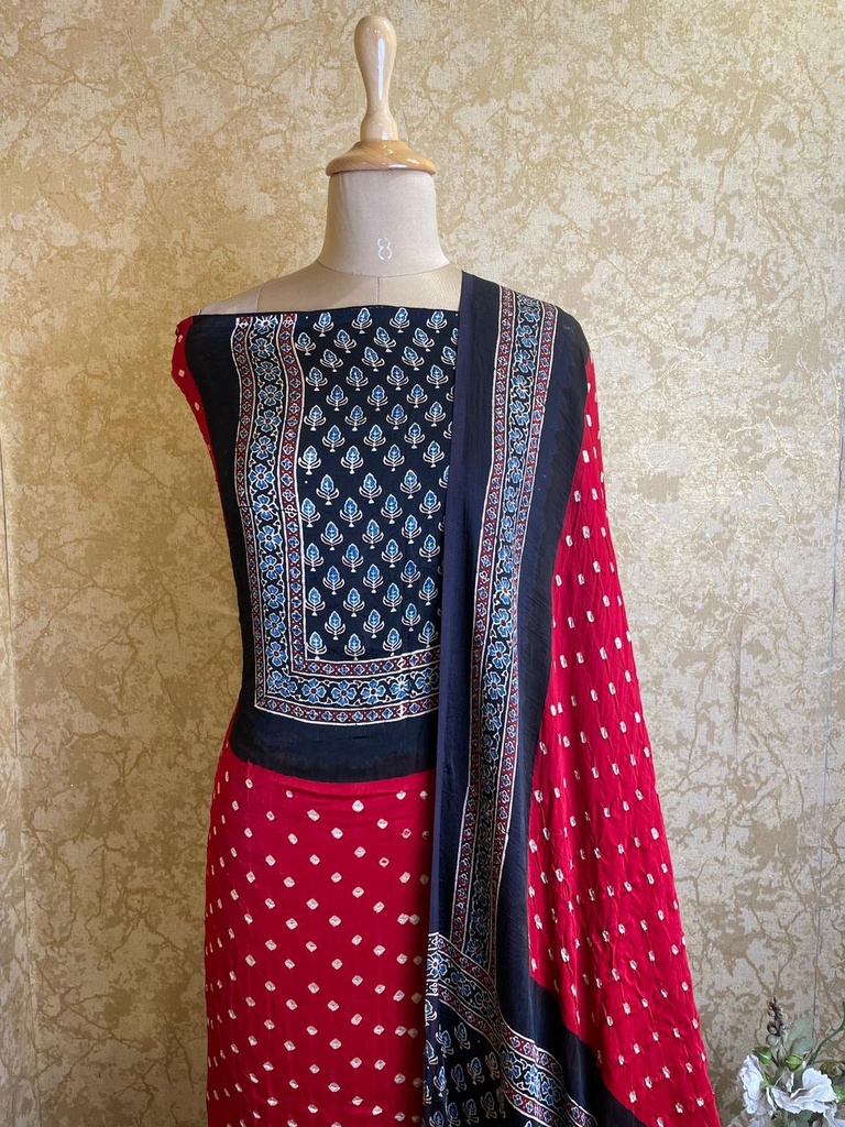 Ajrakh Bandhani Modal Silk Top and Dupatta Sets 5012 