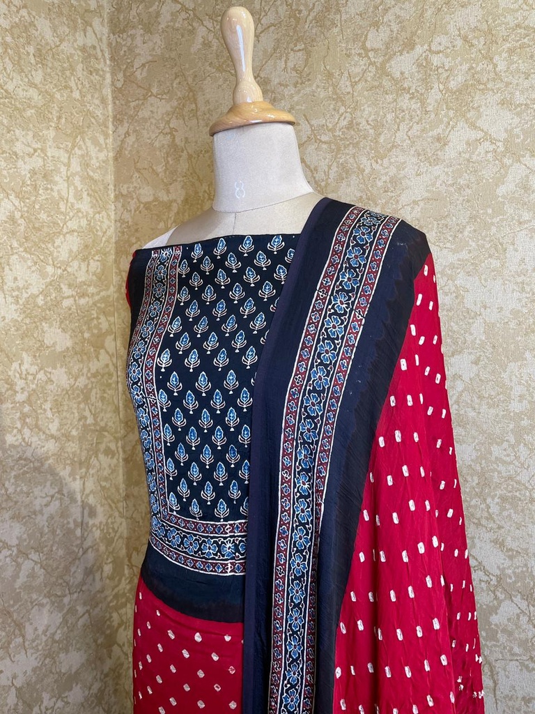 Ajrakh Bandhani Modal Silk Top and Dupatta Sets 5012 