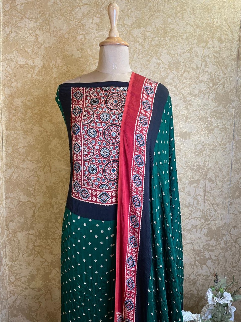 Ajrakh Bandhani Modal Silk Top and Dupatta Sets 5012 