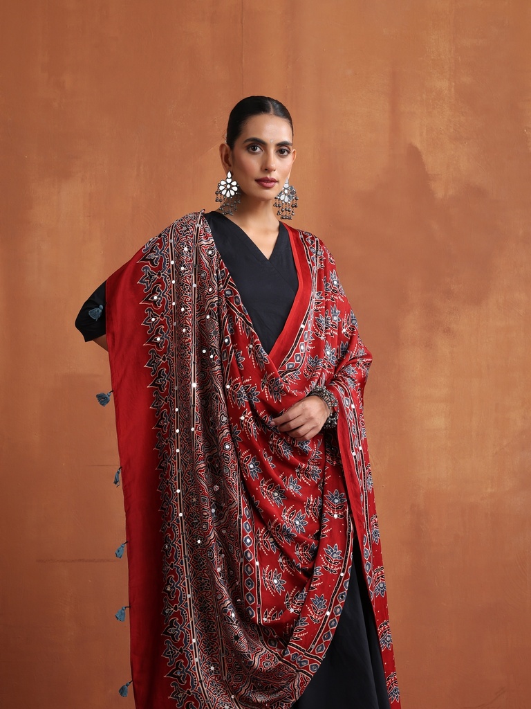 Ajrakh Mirror work  Silk Dupatta 5035 