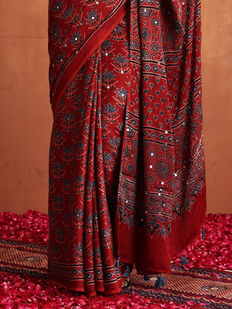 Ajrakh Modal Silk Mirror Saree 5036