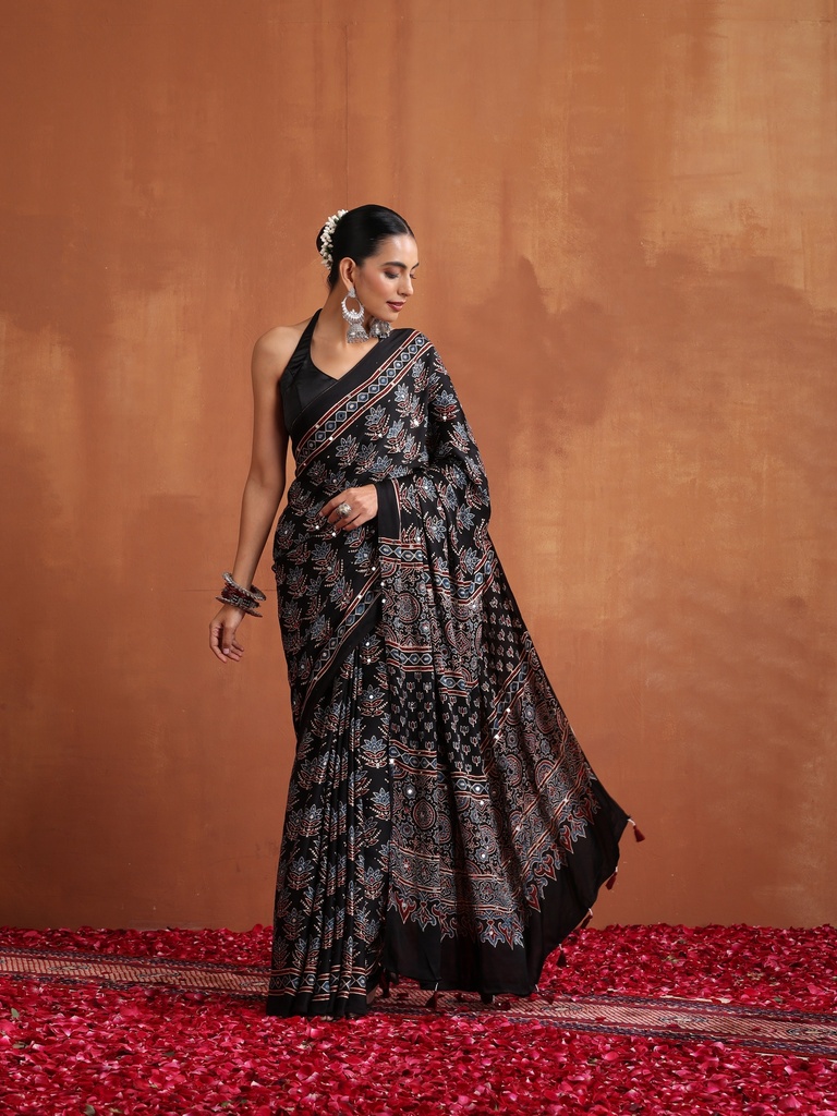 Ajrakh Modal Silk Mirror Saree 5036