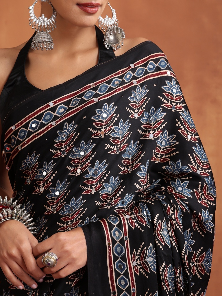Ajrakh Modal Silk Mirror Saree 5036