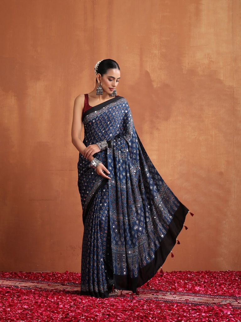 Ajrakh Mirror Saree 5036