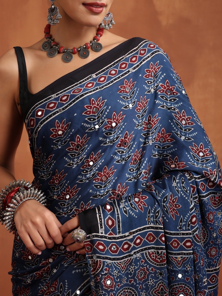 Ajrakh Modal Silk Mirror Saree 5036