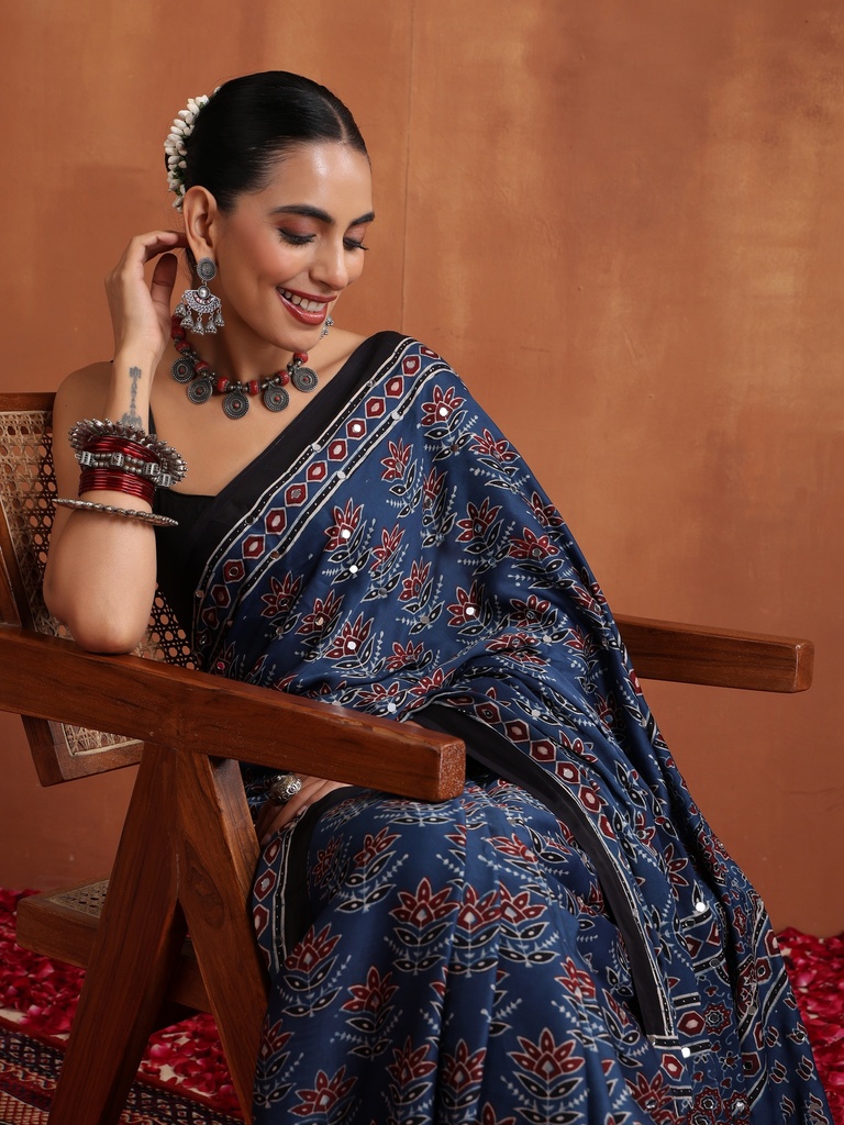Ajrakh Modal Silk Mirror Saree 5036
