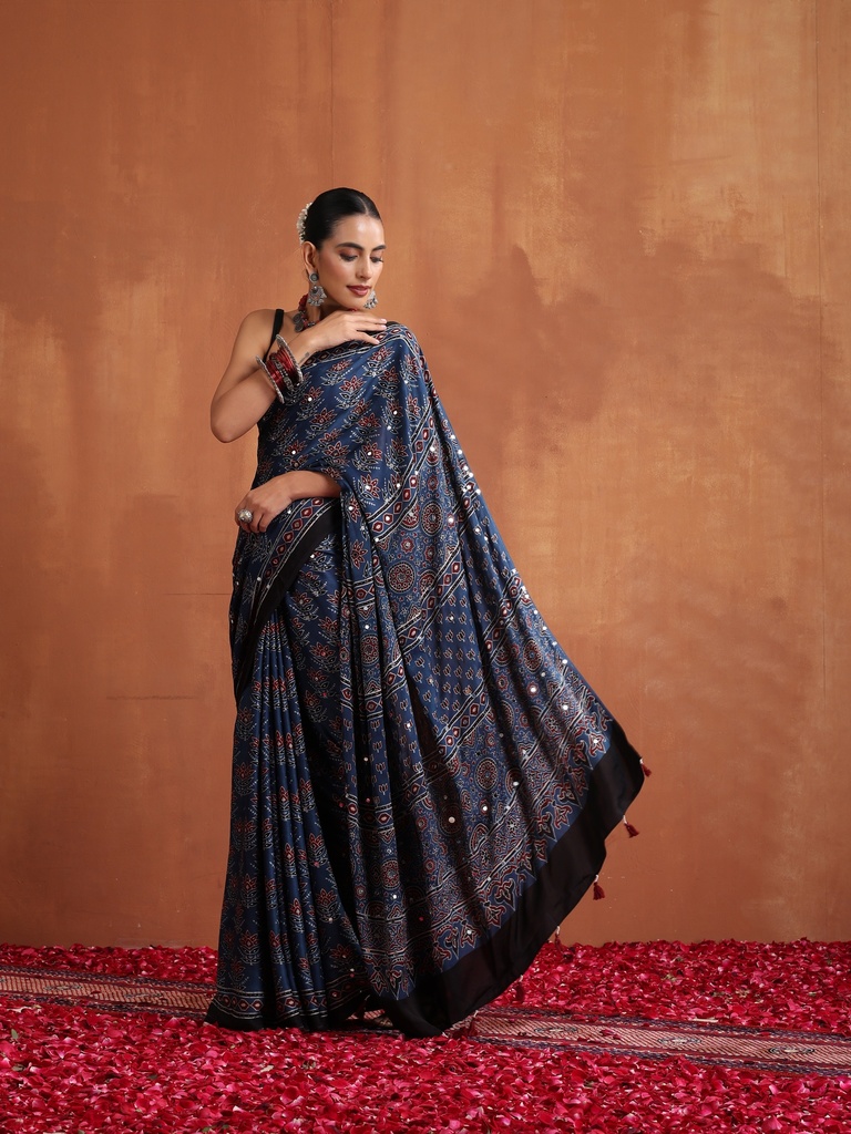 Ajrakh Modal Silk Mirror Saree 5036