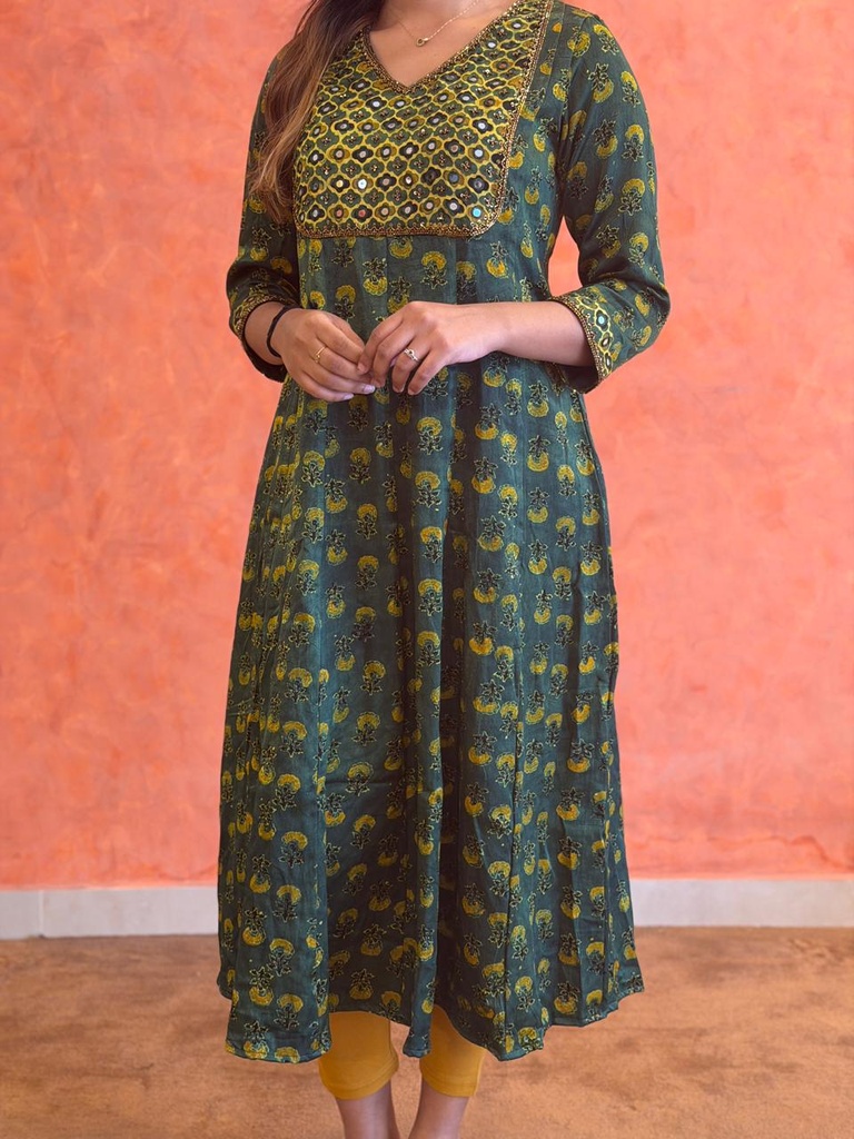 Ajrakh Handwork Anarkali Kurti 5028 Green