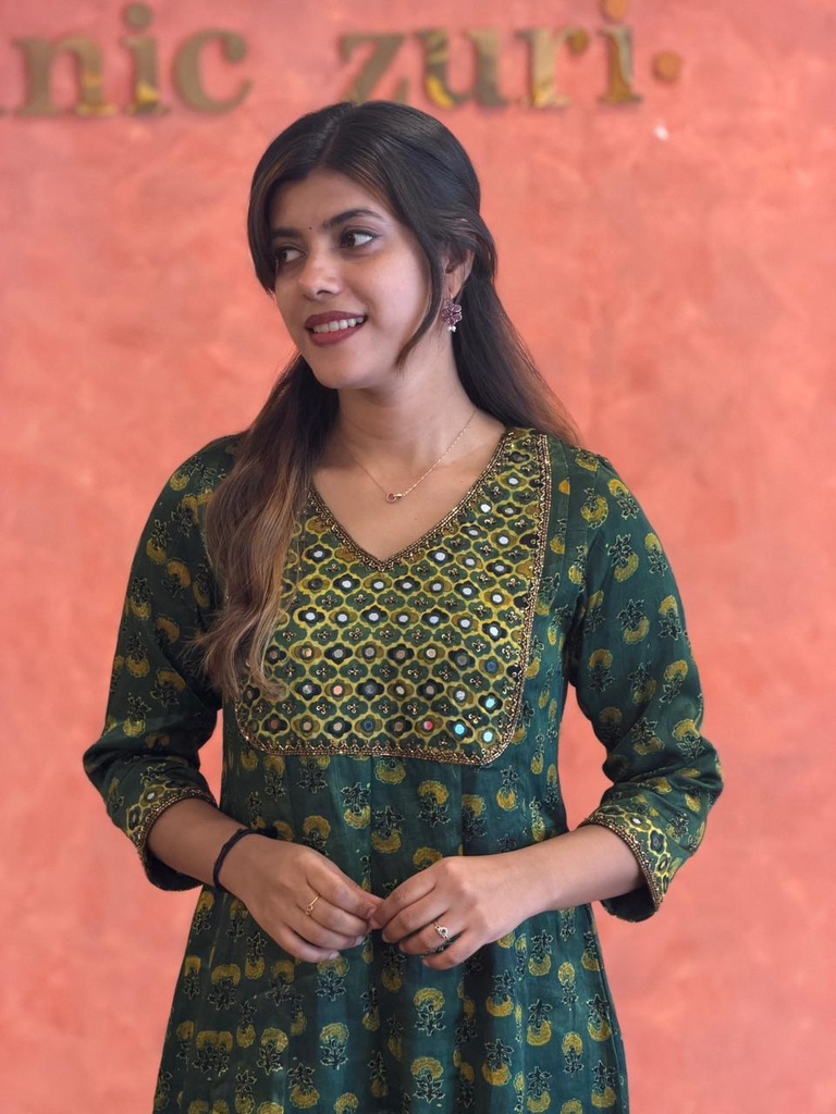 Ajrakh Handwork Anarkali Kurti 5028 Green