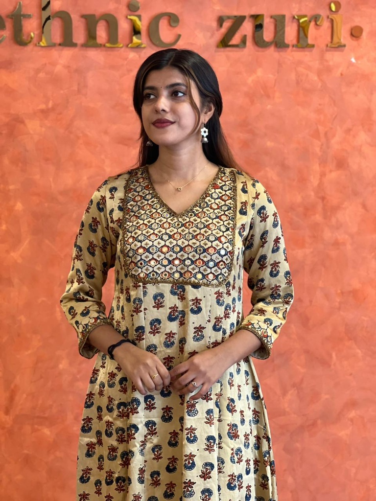 Ajrakh Handwork Anarkali Kurti 5028 Ivory