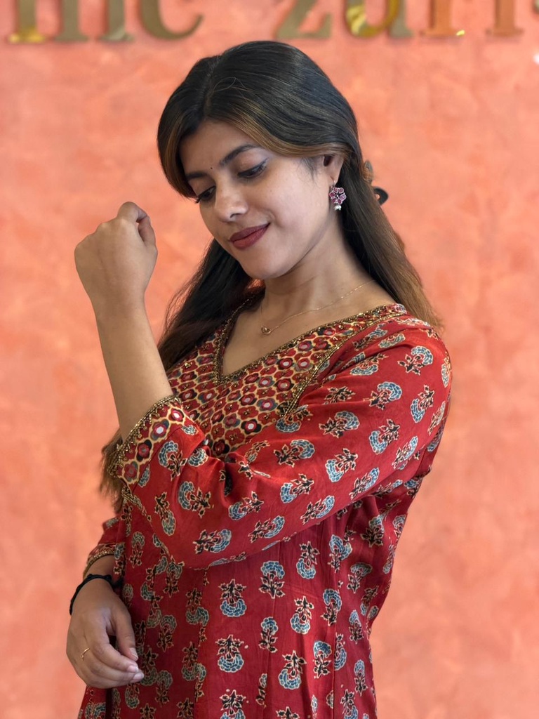 Ajrakh Handwork Anarkali Kurti 5028 Red