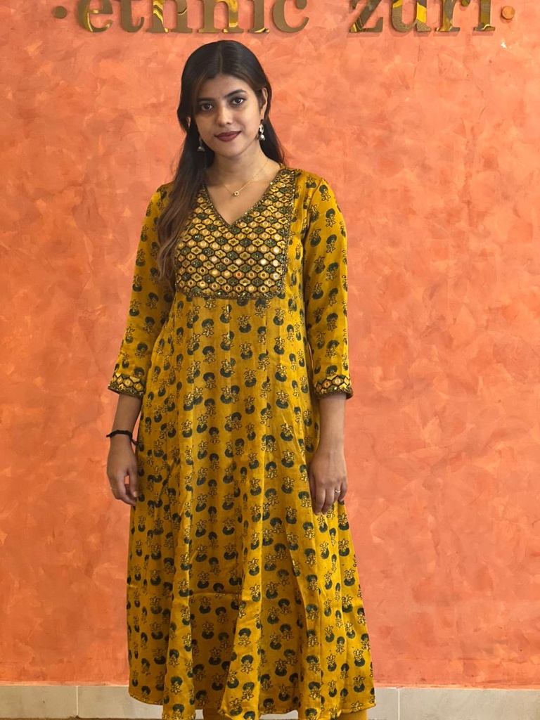 Ajrakh Handwork Anarkali Kurti 5028 Yellow