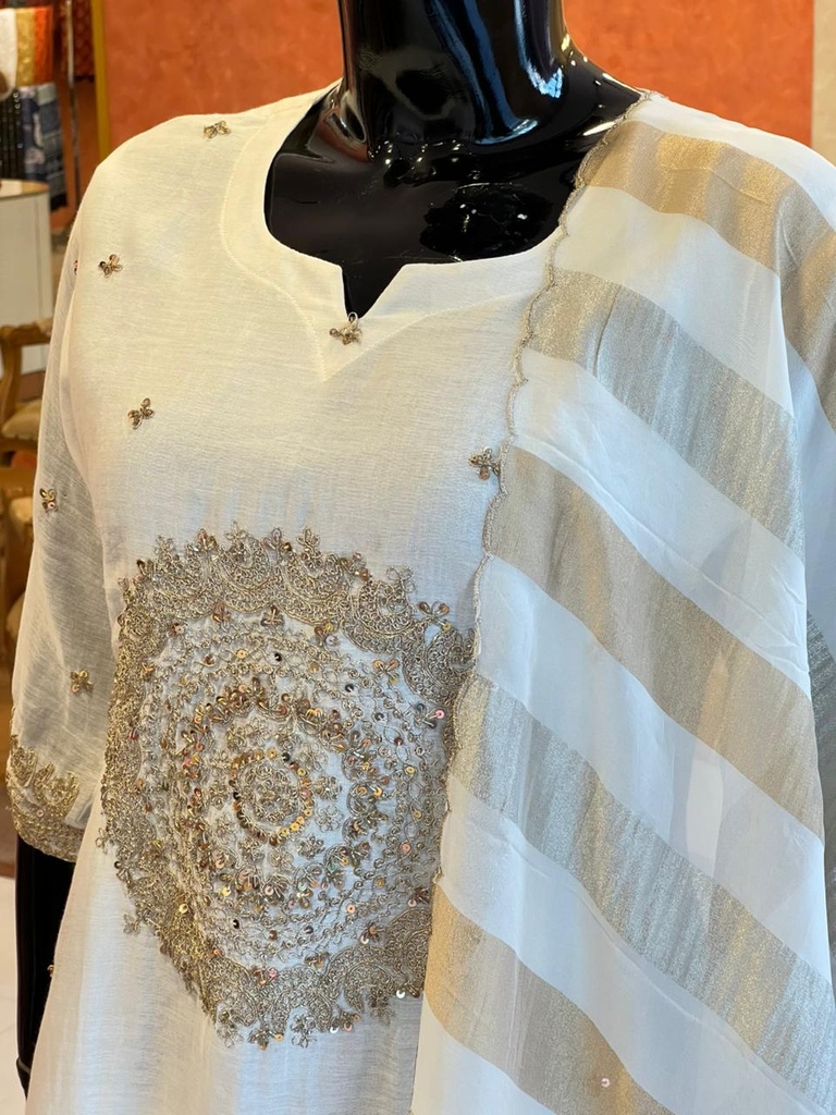 Premium Mul Chanderi Kurti Set 5046 Offwhite