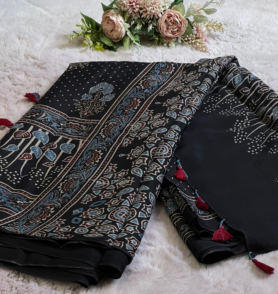Ajrakh Chinon Sarees 5033 BLACK