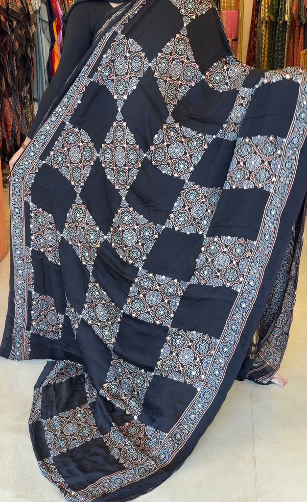 Ajrakh Silk Mirror Sarees 5036 BLACK Z