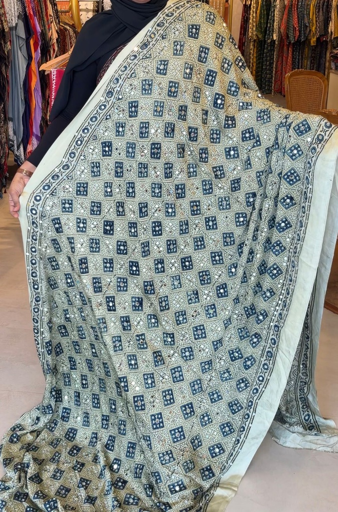 Ajrakh Silk Mirror Sarees 5036 IVORY