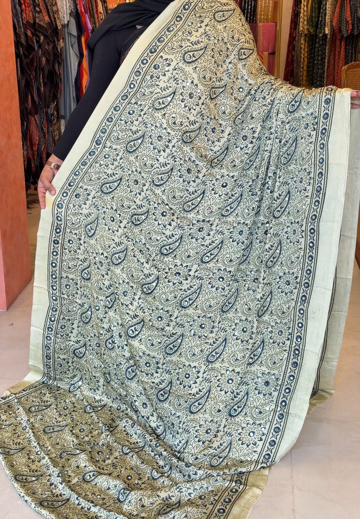 Ajrakh Silk Mirror Sarees 5036 IVORY 2