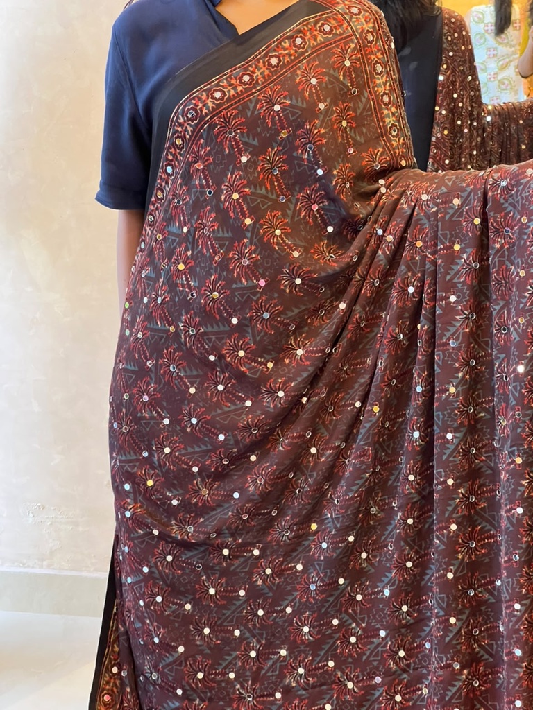 Ajrakh Silk Mirror Sarees 5036 BROWN Z
