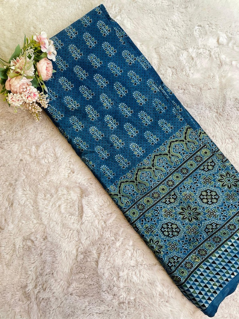 Ajrakh Handblock Printed Mashru Silk Fabric 4215