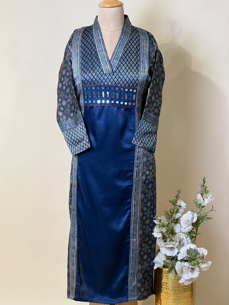 Ajrakh Mashru Silk Kurti 5053 BLUE