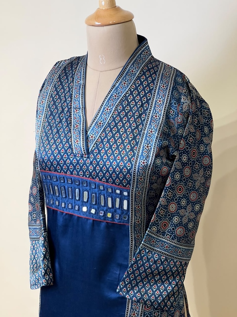 Ajrakh Mashru Silk Kurti 5053 BLUE