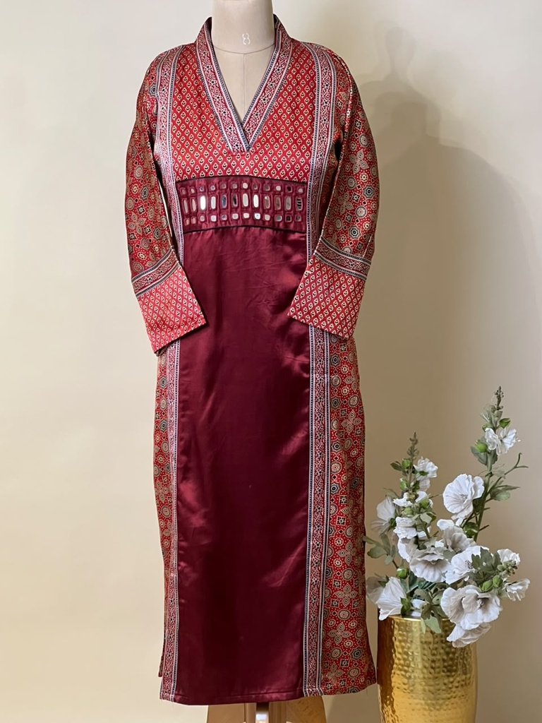 Ajrakh Mashru Silk Kurti 5053 RED