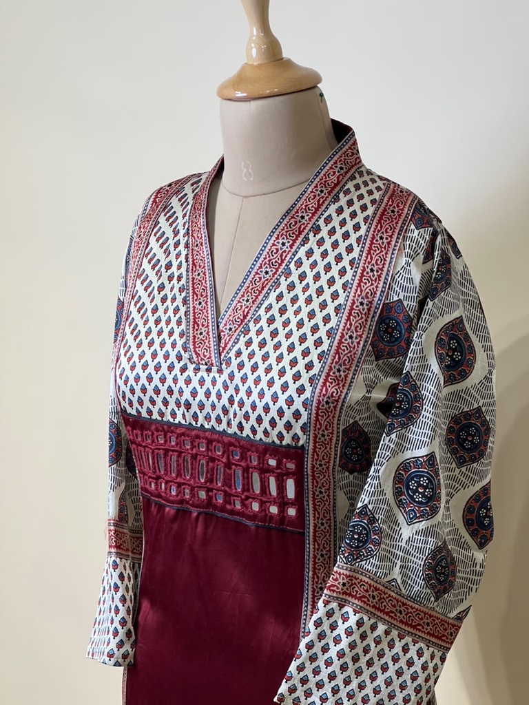 Ajrakh Mashru Silk Kurti 5053 IVORY