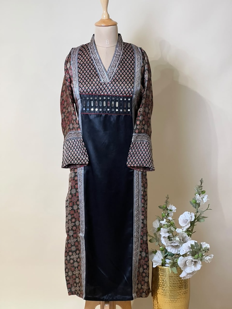 Ajrakh Mashru Silk Kurti 5053 BLACK