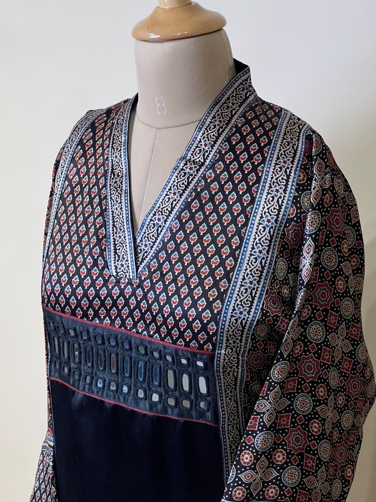 Ajrakh Mashru Silk Kurti 5053 BLACK