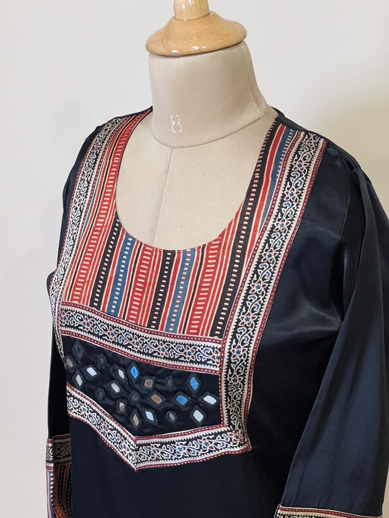 Ajrakh Mashru Silk Kurti 5053 BLACK