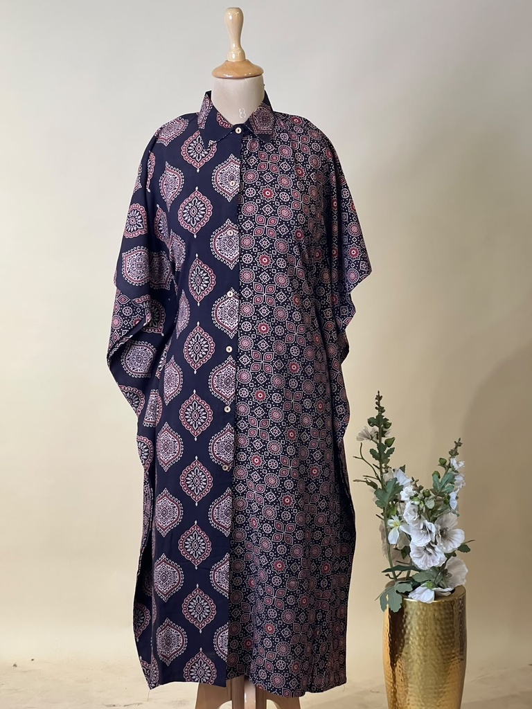Ajrakh Kaftan Style Cotton Dress BLACK
