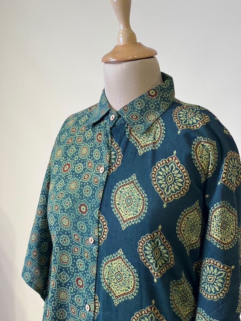 Ajrakh Kaftan Style Cotton Dress GREEN