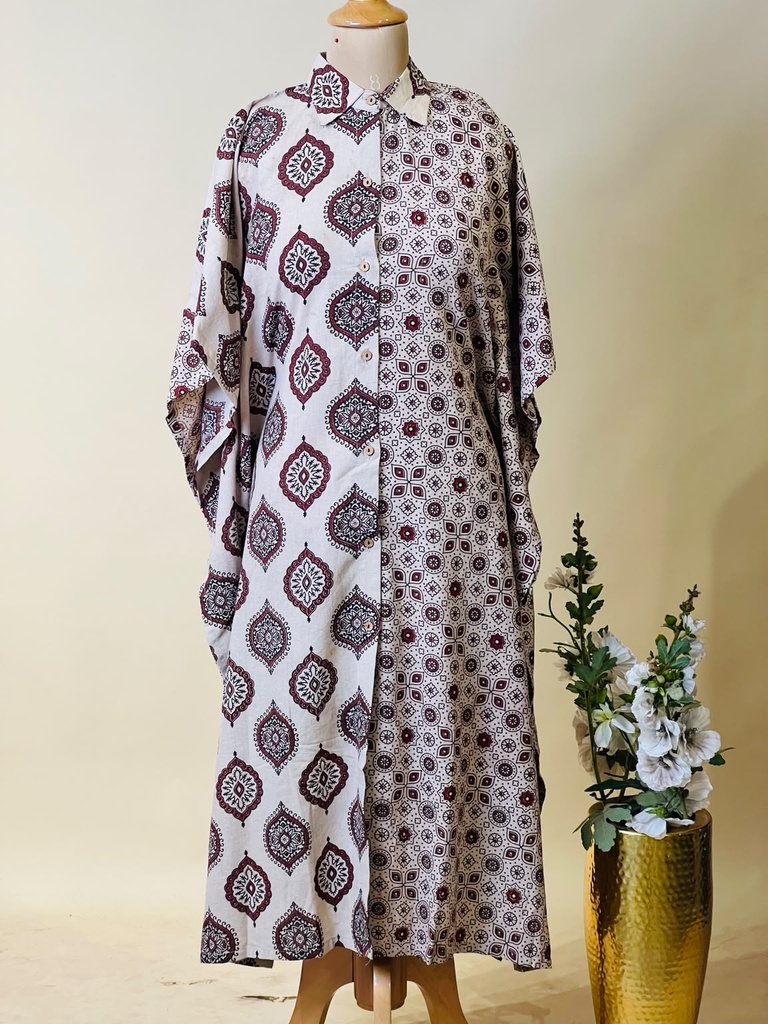 Ajrakh Kaftan Style Cotton Dress IVORY