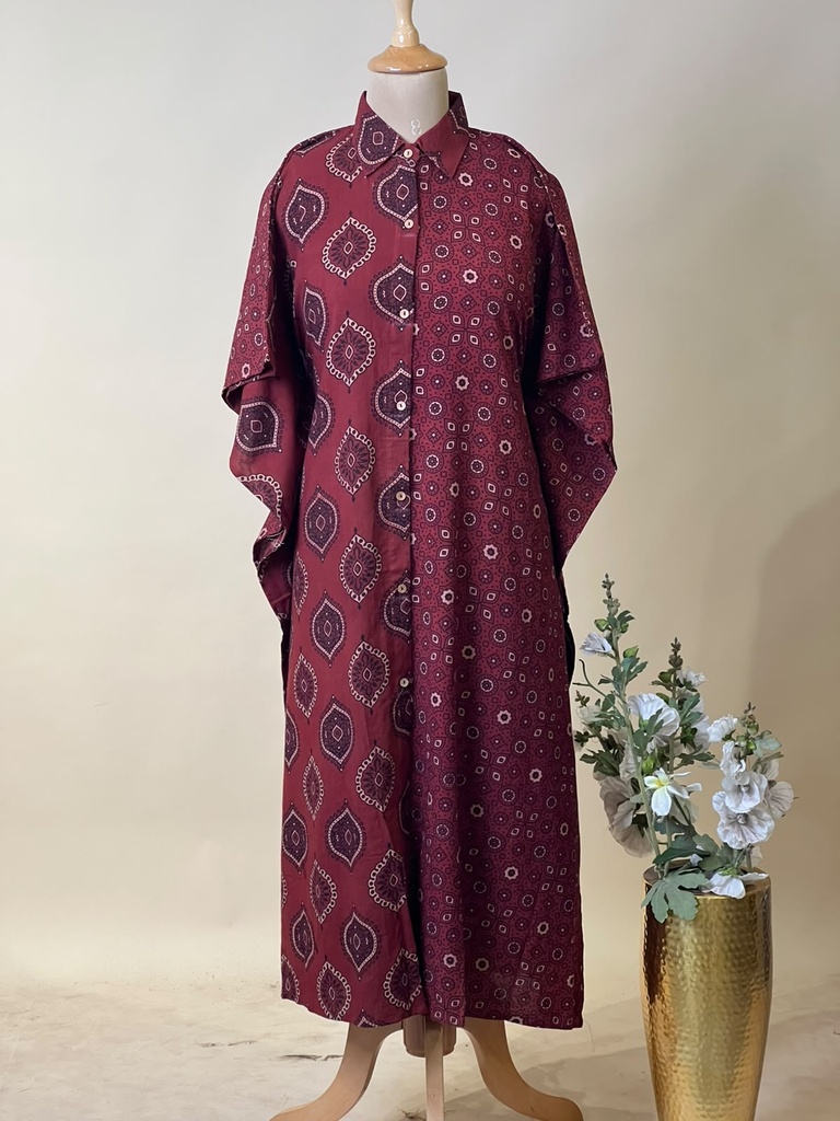 Ajrakh Kaftan Style Cotton Dress MAROON