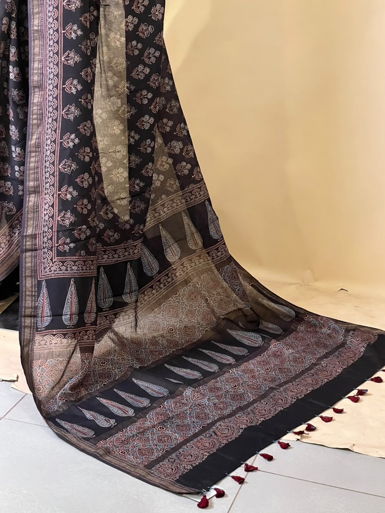 Ajrakh Maheshwari Silk Sarees 5028 BLACK 1