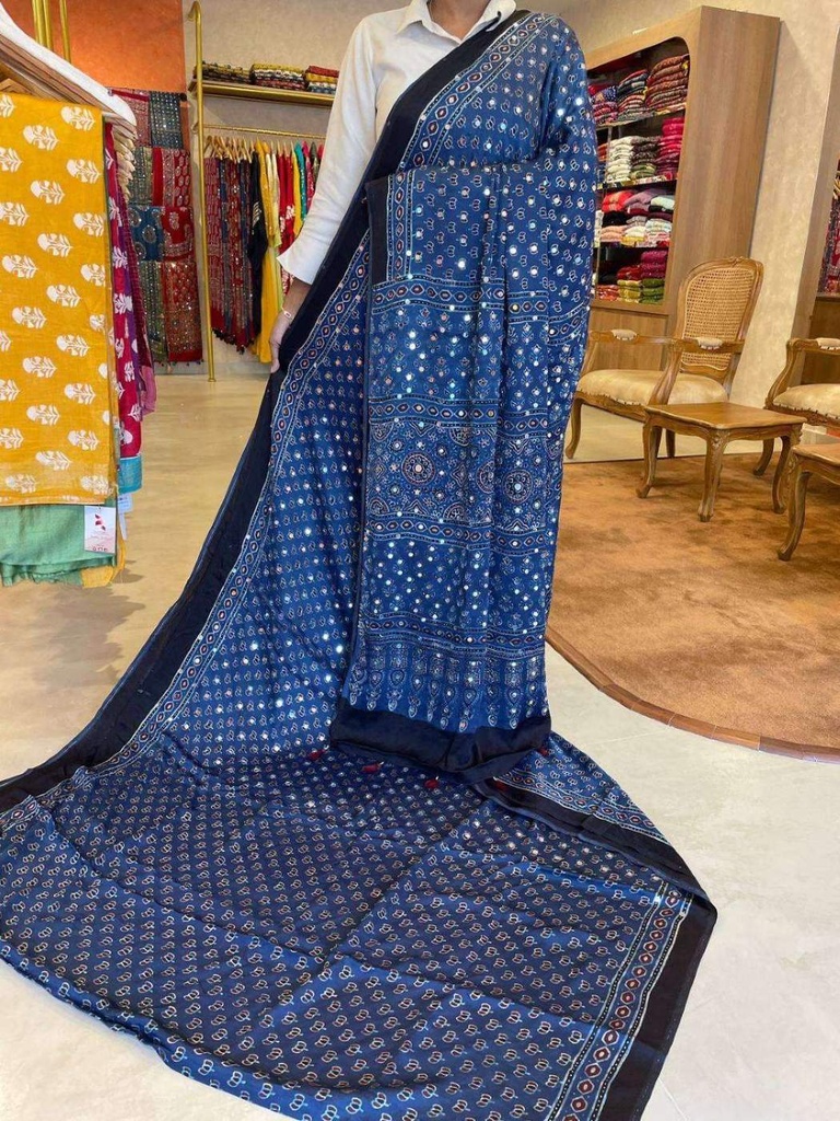 Ajrakh Mirror Saree 5036