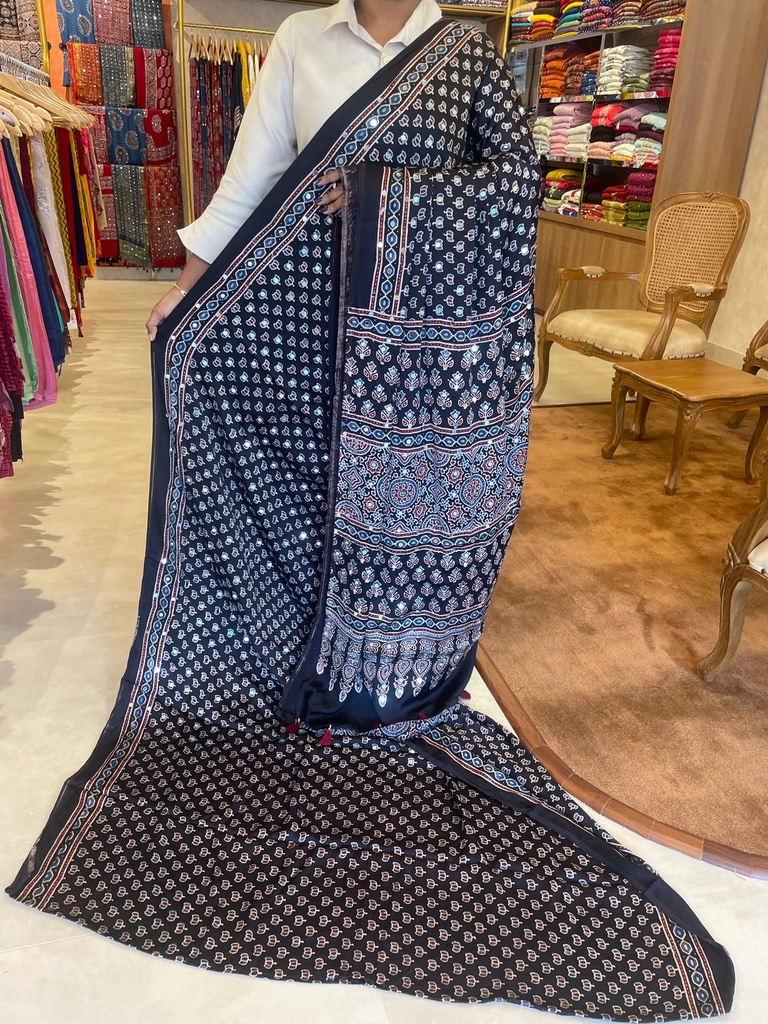 Ajrakh Mirror Saree 5036