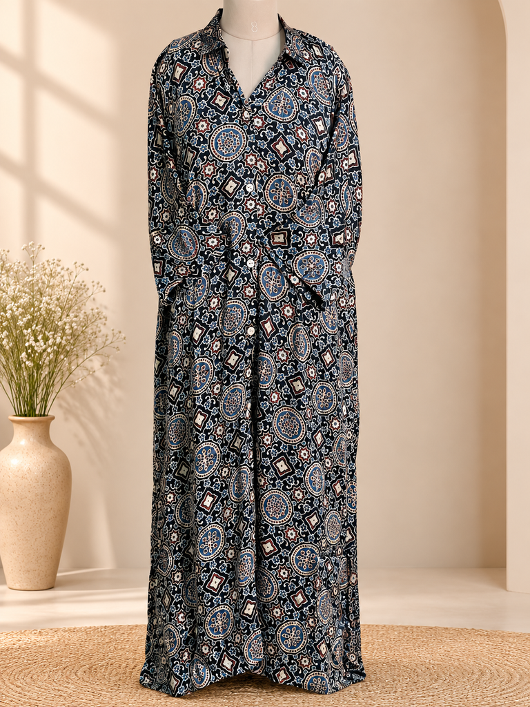 Ajrakh Modal Kaftan Style Dress 4803 BLACK 