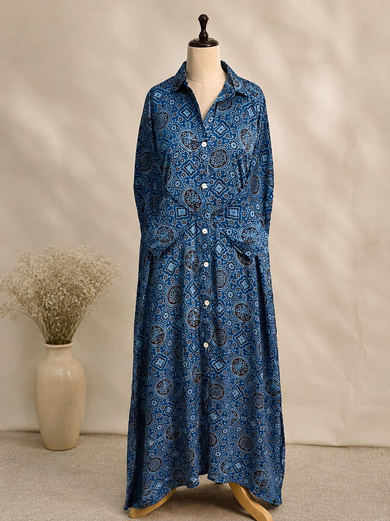 Ajrakh Modal Kaftan Style Dress 4803 BLUE 1