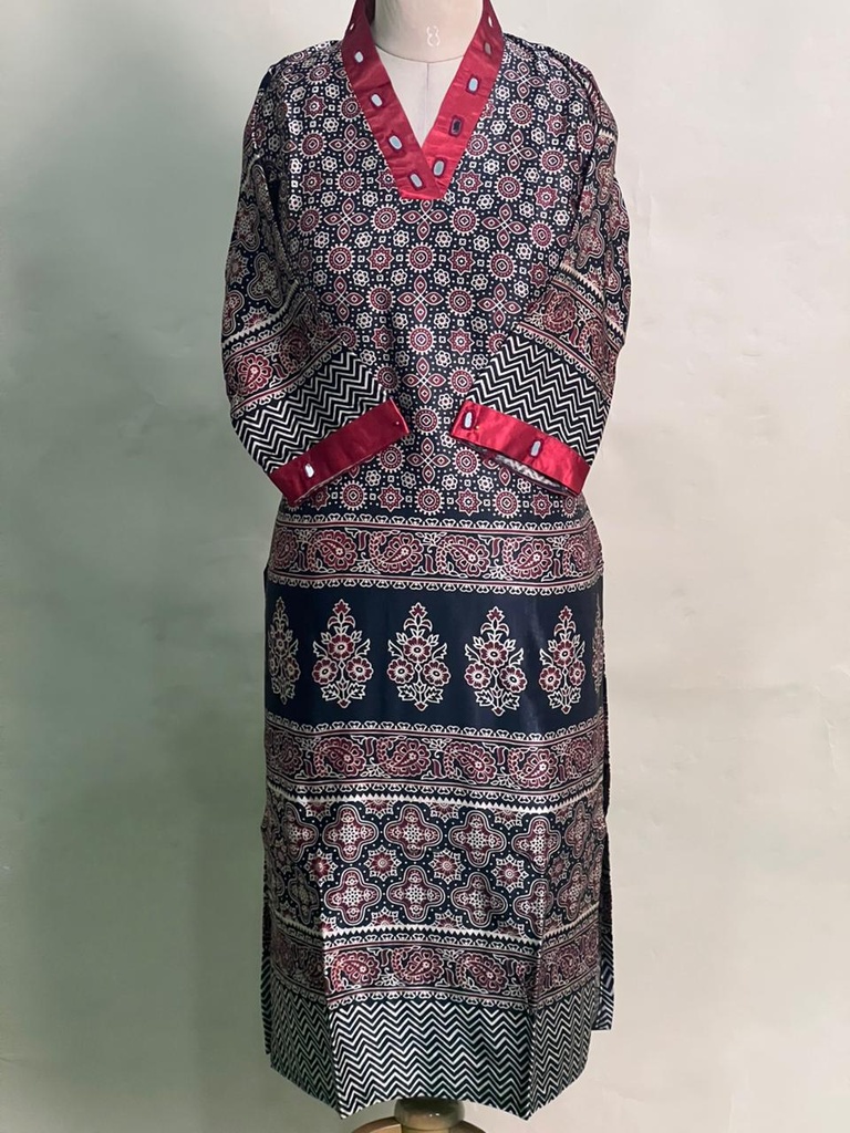 Ajrakh Mashru Silk Kurti 5053 BLACK