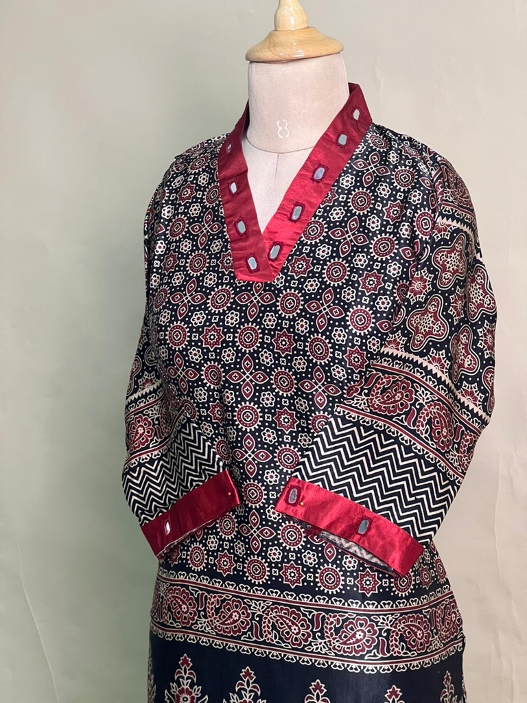 Ajrakh Mashru Silk Kurti 5053 BLACK