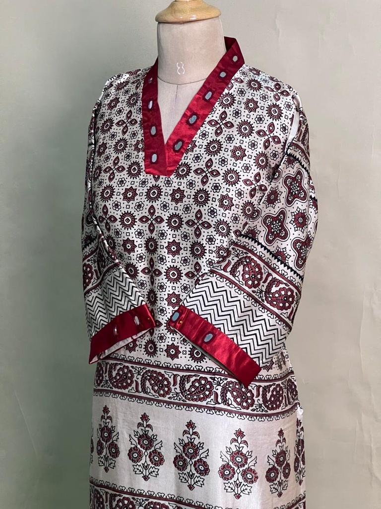 Ajrakh Mashru Silk Kurti 5053 IVORY
