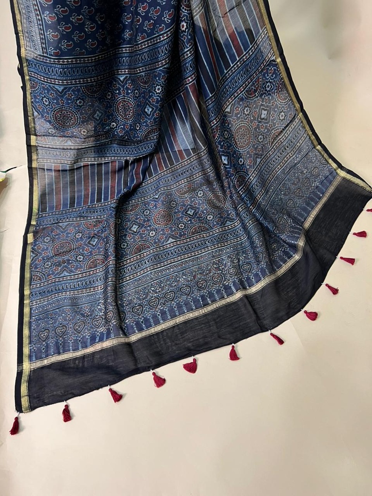 Ajrakh Chanderi Silk Sarees 5028 BLUE 3