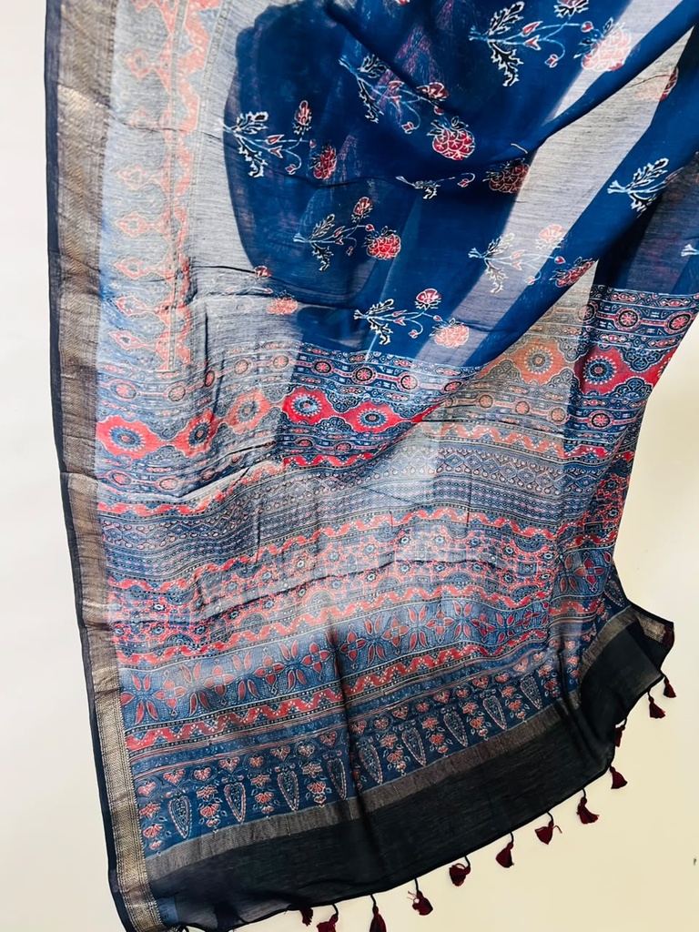 Ajrakh Maheshwari Silk Sarees 5028 BLUE 2